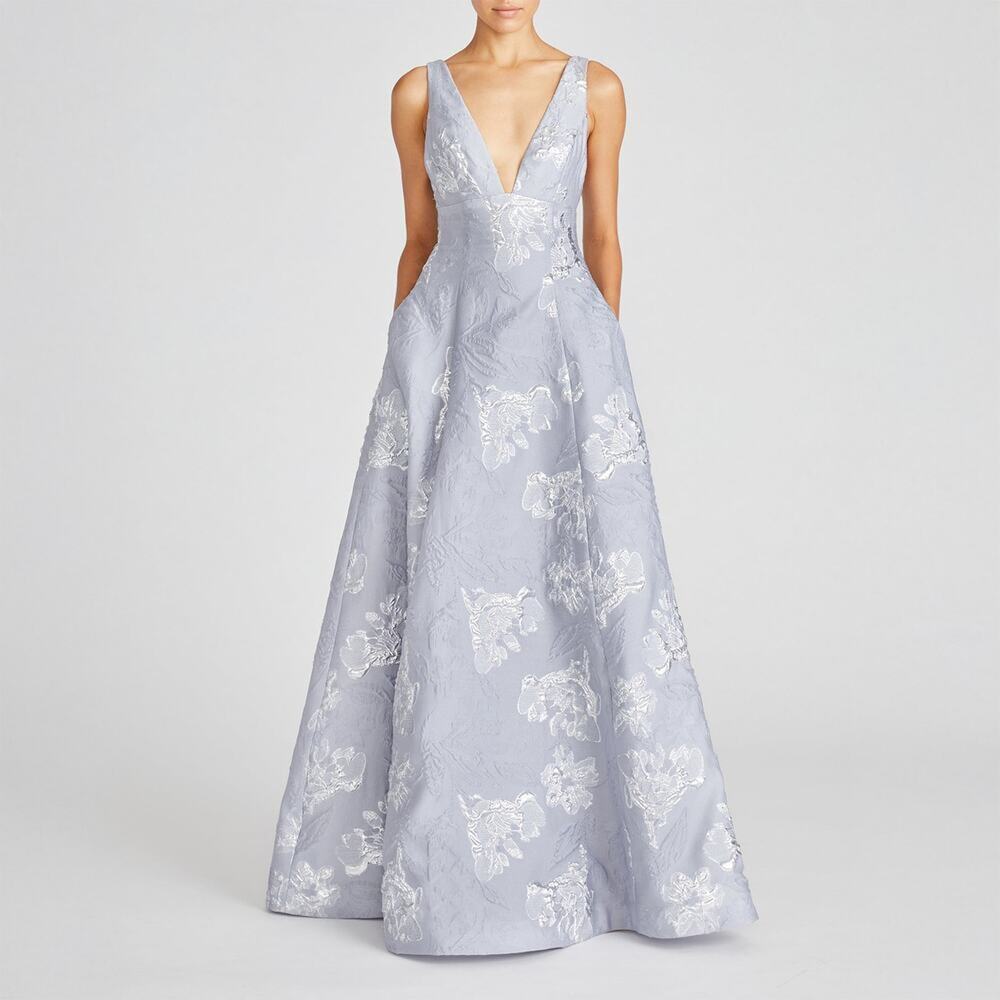 NWT ML MONIQUE LHUILLIER Madeline Jacquard Floral Gown Silver $795 Size 2